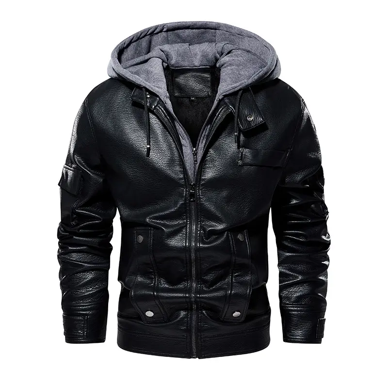 Men's Faux Leather Jacket Motorcycle Jacket Waterproof Windproof PU Moto Outerwear Vintage Bomber Hoodie with Removable Hood