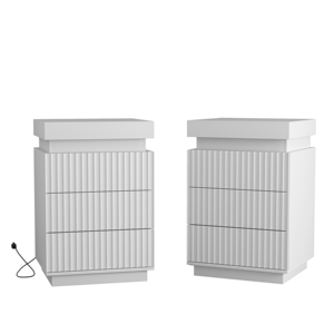 Set di 2 Comodini Bianchi con Stazione di Ricarica, Pannello Ondulato Scanalato, Piano Scorrevole e Luci LED - Product Image 1