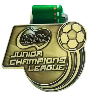 Artesanía de fútbol de metal, bronce, cobre, 3d, relieve deportivo, Liga de Campeón junior, medallas de fútbol de latón con cinta