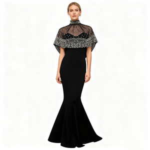 Robe de soirée sirène noire de luxe personnalisée avec cape transparente en diamant étincelant robe de soirée formelle élégante par les fabricants de robes - Product Image 1