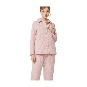 Trang Phục Mặc Nhà Bộ Đồ Ngủ Mùa Đông Chần Bông 3 Lớp Mới Bộ Pijama Chần Bông Kim Cương Màu Hồng Cho Nữ