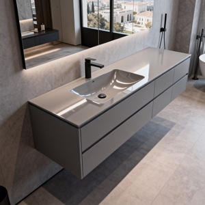Meuble-lavabo mural gris minimaliste moderne avec <span class=keywords><strong>plan</strong></span> <span class=keywords><strong>de</strong></span> travail en pierre frittée pour villa et appartement - Product Image 1