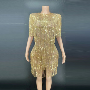NOVANCE Y2377-B New Arrival 2022 <strong>Gold</strong> Bling Mini Backless Sexy Fringe Skirt Stage &amp; Dance Wear Performance <strong>Clothes</strong> - Product Image 1