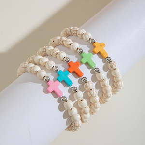 Hecho a mano barato 8MM semipreciosa piedra elástica cadena joyería turquesa con cuentas pulsera cristiana hombres con pulsera cruzada - Product Image 2