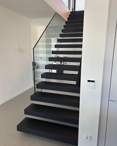 Hiện đại trong nhà màu đen sơn rắn gỗ thẳng cầu thang nổi cầu thang với màu đen bằng gỗ LED ánh sáng lan can - Product Image 2