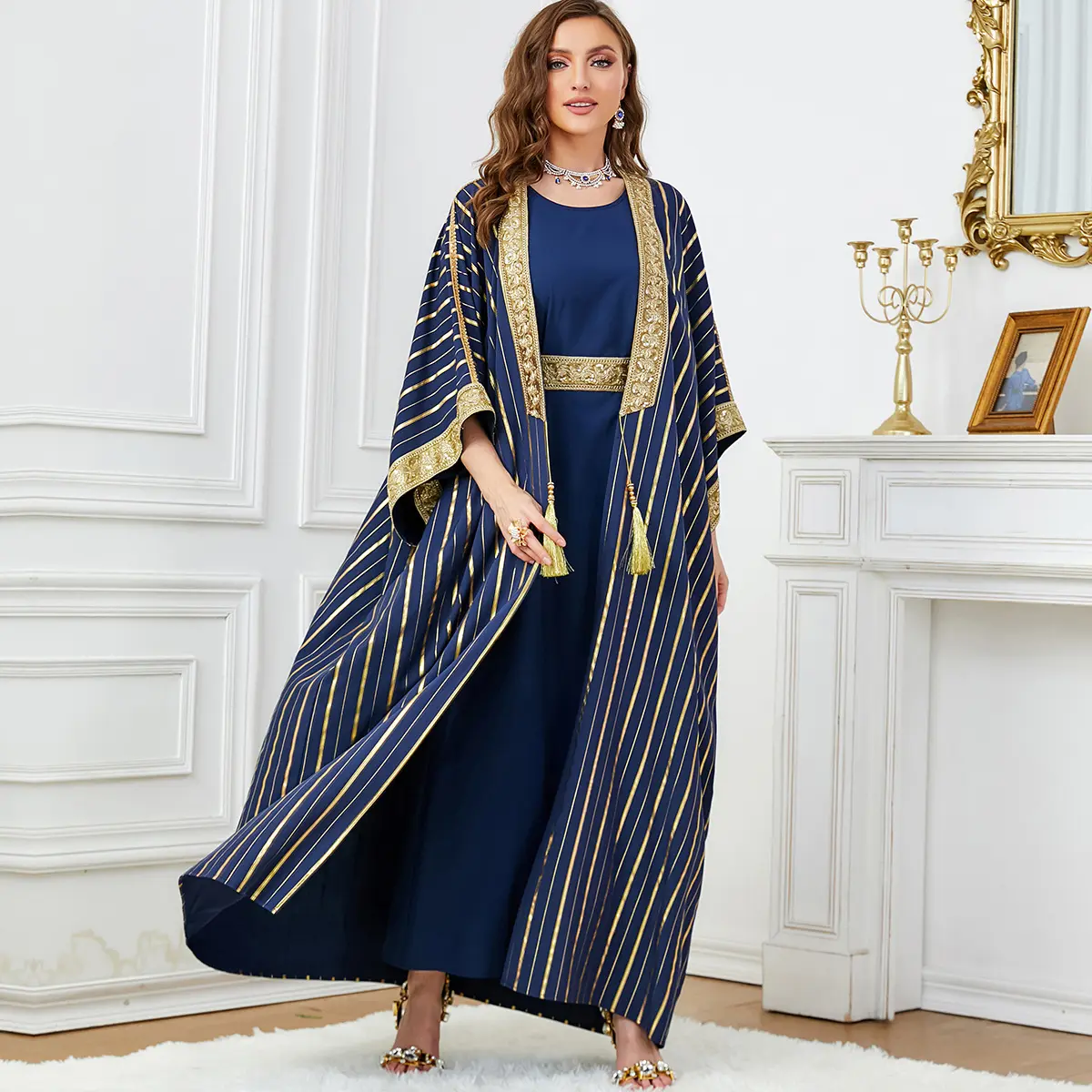 Роскошный Дубай, новый стиль, комплект из 2 предметов, мусульманский синий Элегантный Блестящий открытый халат, Внутреннее платье, Исламская одежда