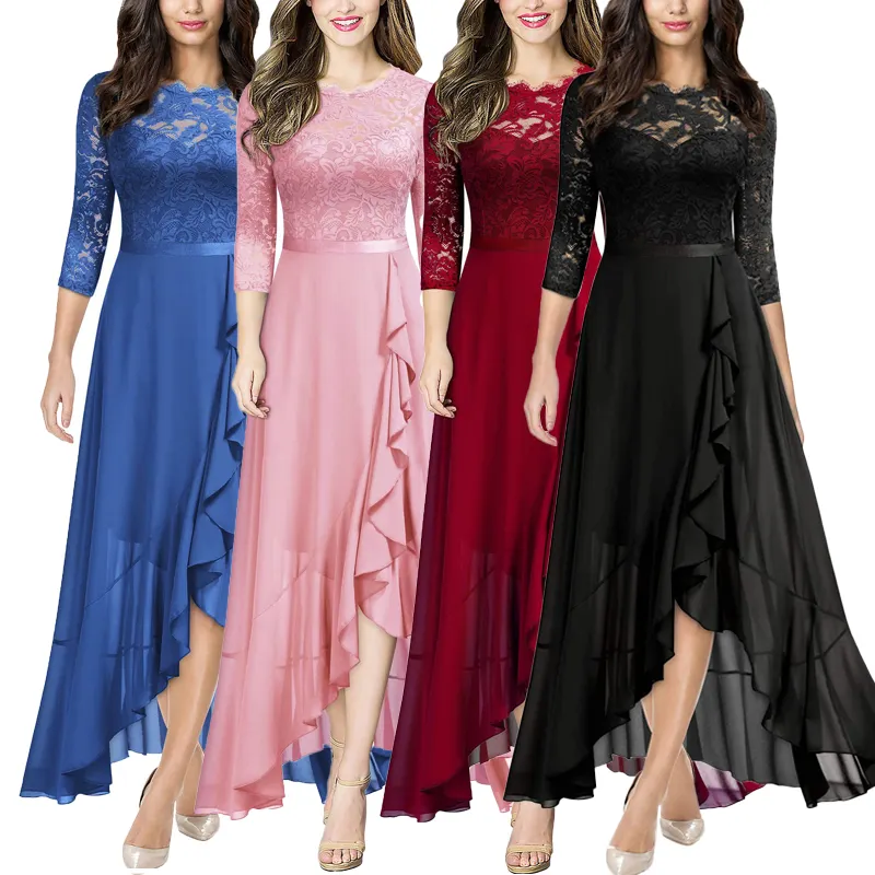 Custom Oem High Quality Women Long Sleeve Elegant Slit Embroidery Floral Lace Ruffle Maxi Prom Party Evening Dresses