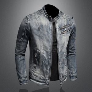 Veste en jean <span class=keywords><strong>de</strong></span> <span class=keywords><strong>moto</strong></span> vintage <span class=keywords><strong>de</strong></span> haute qualité pour hommes revers à fermeture éclair à la mode avec col montant et logo avant belle personnalité - Product Image 3