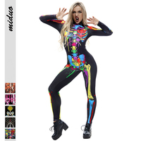 Großhandel Halloween Skelett Catsuit One Piece Skull Print Kostüm Frauen Skelett Cosplay Jumps uit Body suits