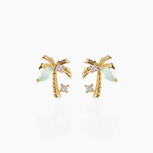 SC Summer Diamond Earrings Cooper 18k Gold Plated Earrings Ins Beach Coconut Tree Stud Earrings For Women