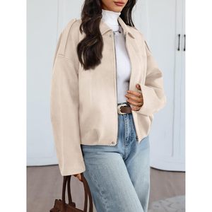 Womens Faux <b>Suede</b> <b>Bomber</b> <b>Jacket</b> Oversized Zip Up Cropped Windproof Fall Winter Motorcycle Coat Full Sleeve Light Weight - Product Image 3