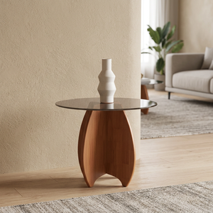 Table basse moderne en verre trempé rond avec base en bois, design minimaliste, meubles de salon - Product Image 3