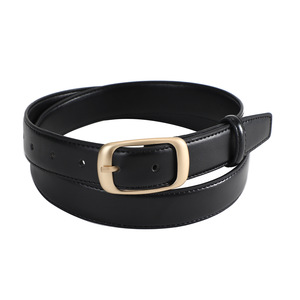 Ceinture en cuir véritable pour femme, noire, en cuir de vachette, fine, avec boucle ardillon rectangulaire dorée pour jeans, collection Printemps 2025 - Product Image 2