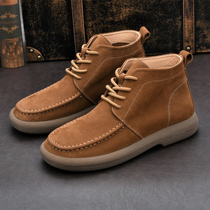 Bottes Martin en cuir véritable pour hommes, à bout rond, à lacets, avec doublure en peluche, semelle extérieure en caoutchouc, style décontracté isolant pour l'automne - Product Image 1