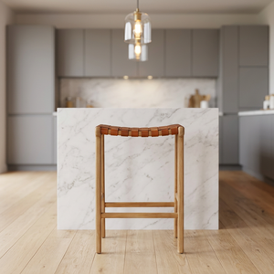 Tabouret de bar en bois avec assise en cuir véritable, chaise de comptoir sans dossier, style moderne et rustique pour îlot de cuisine et café - Product Image 3