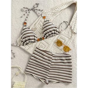FOXA Women's 2 Piece Striped Triangle <b>Bikini</b> Set High Waisted <b>Boyshorts</b> Swimwear Stretch Spandex Nylon - Product Image 3