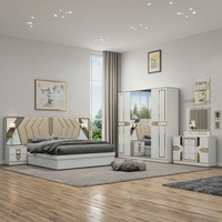 Ensemble de meubles de chambre à coucher en bois de luxe pour villa, bureau à domicile, lit moderne Queen, Full, King Size avec rangement, éclairage intégré, finition beige brillant