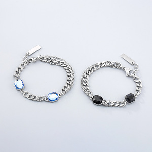yunnique European Style Titanium Steel Chain <b>Bracelet</b> Hexagon <b>Crystal</b> Bezel Setting Blue Black Unisex Jewelry - Product Image 1
