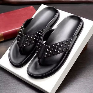 2025 Men's Leather Flip-Flops <b>Sandals</b> Breathable <b>Flat</b> Slippers with Metal Rivets Non-Slip Beach Walking Slippers Slides Slippers - Product Image 2