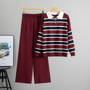 Ensemble décontracté deux pièces pour <span class=keywords><strong>femme</strong></span>, style européen transfrontalier, <span class=keywords><strong>nouvelle</strong></span> <span class=keywords><strong>collection</strong></span> Printemps/Automne 2026, pull rayé à revers et <span class=keywords><strong>pantalon</strong></span> large - Product Image 4