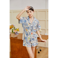 Ensemble de pyjama de luxe pour femme en soie glacée ultra-fine, tissé, doux, respirant, à séchage rapide, col en V, manches courtes, longueur cheville, motif Fleur de Monet