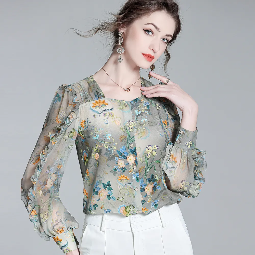 Autumn Square Kragen Design Damen hemden 100% 6A Seiden blusen grau Blumen Damen blusen