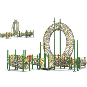 <span class=keywords><strong>Tour</strong></span> d'escalade extérieure avec poteau gris, sommet rouge, plateforme circulaire en filet vert, corde et échelle colorées pour enfants - Product Image 3