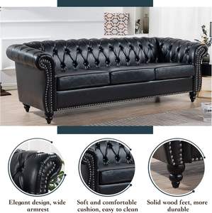 Chesterfield <span class=keywords><strong>classico</strong></span> divano in pelle PU a 3 posti con braccioli arrotolati per <span class=keywords><strong>soggiorno</strong></span> o ufficio di colore nero - Product Image 3