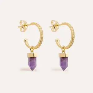 Dainty 14k gold plated jewelry diamond open hoop drop earrings 925 gemstone natural amethyst jewelry earrings