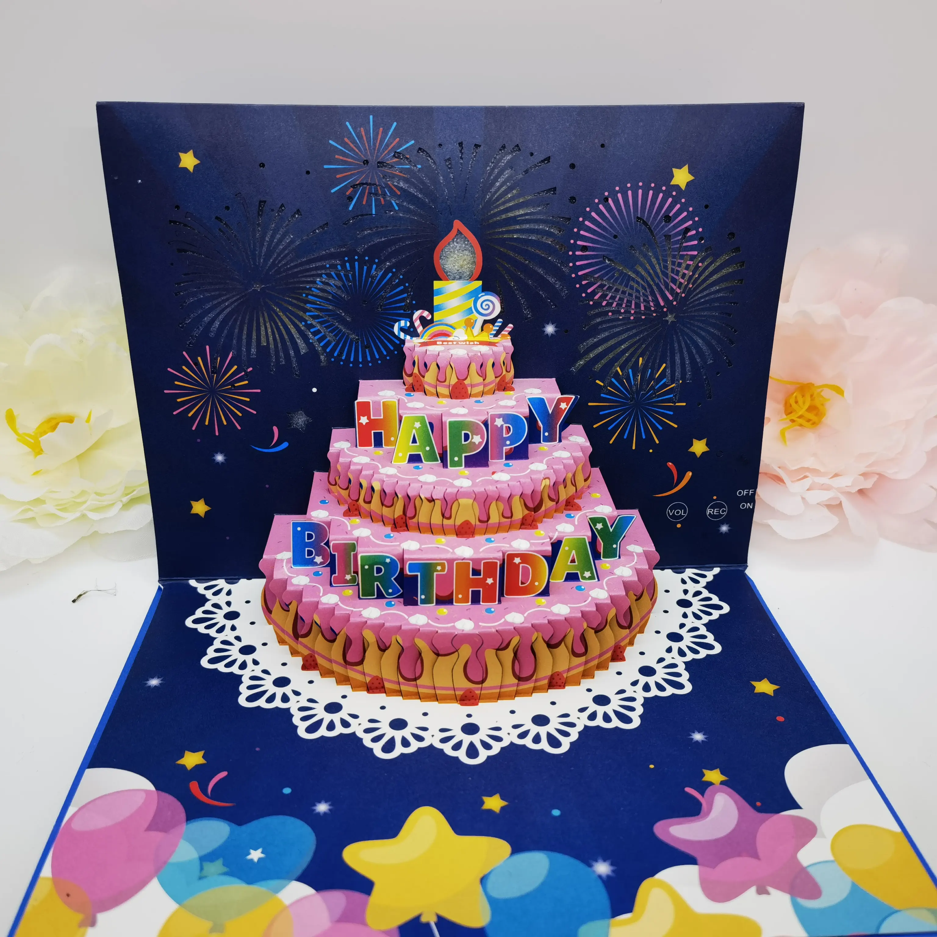 निर्माता जन्मदिन कार्ड आतिशबाजी पॉप अप केक लाइट और संगीत जन्मदिन मुबारक कार्ड उपहार स्वचालित रूप से बजाएं '"जन्मदिन मुबारक हो"