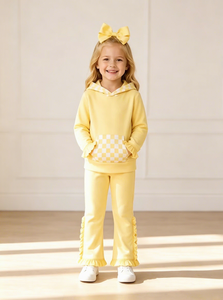 Ensembles de sweats à capuche personnalisables pour petites filles, hauts à manches longues à carreaux avec poches et pantalons à volants, tenues décontractées 2 pièces - Product Image 4