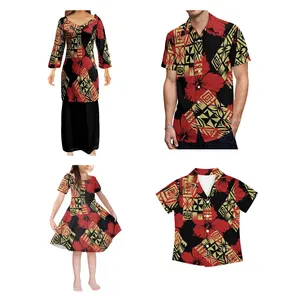 2023 New Design Custom Tapa Causal Family Matching Clothes Polynesian Tonga Tribal Toddler Girls Dresses Puletasi Samoa Ptaha