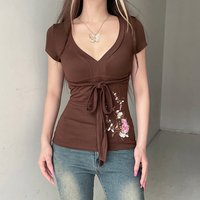 Chemisier T-shirt Chic Bohème Y2K Marron Col V Brodé Floral Manches Longues Tricoté Écologique Décontracté à Nouer pour Femme
