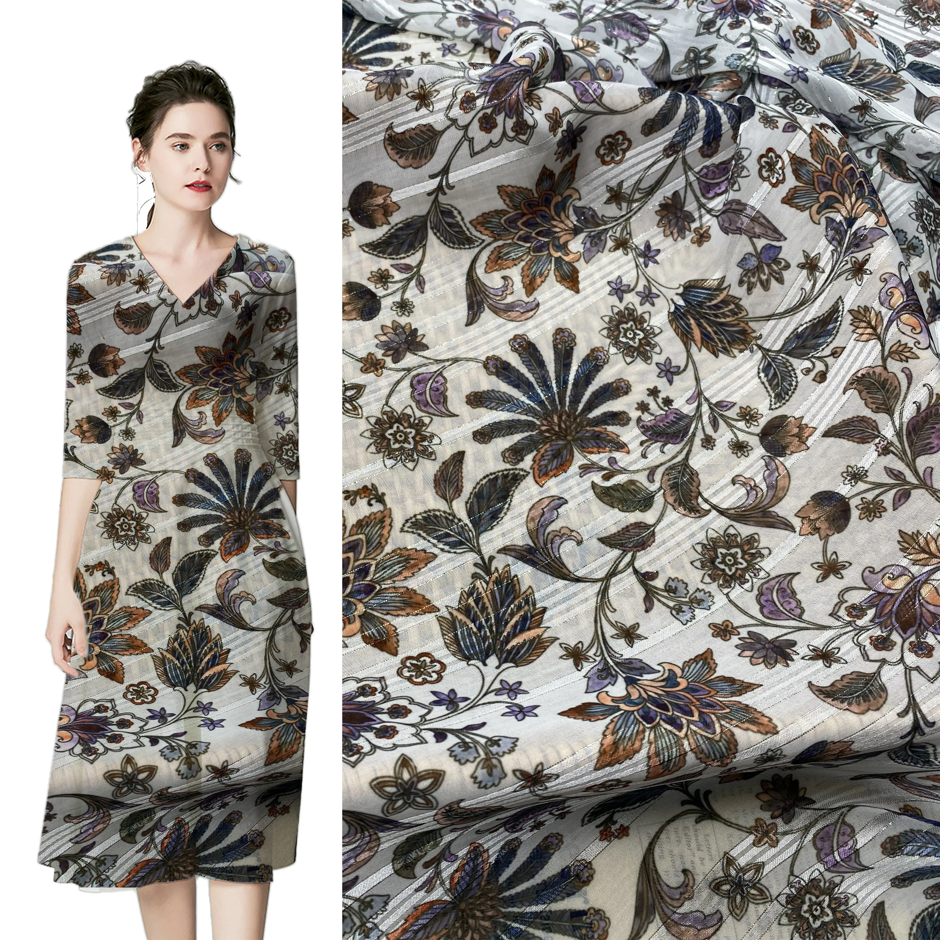 HIGH FASHION woven METALLIC luxury custom print fabric digital printed textile material fabric chiffon print fabric FOR DRESS