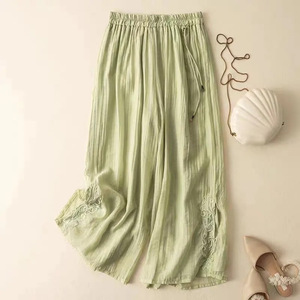 Retro Embroidered Cotton Linen Wide Leg Pants Women Summer <b>Elastic</b> Waist Breathable Casual Loose Style - Product Image 4