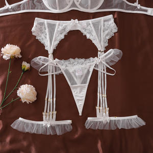 Ensemble de Lingerie de Mariée de Luxe en Dentelle Blanche, Transparente et Sexy, avec Volants et Nœuds en Tulle, 4 Pièces : Soutien-gorge à Armatures, String, <span class=keywords><strong>Porte</strong></span>-jarretelles et Bretelles de Jarretelles - Product Image 6