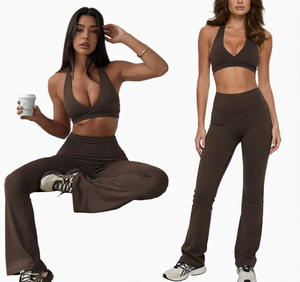 <b>Women</b> Yoga Set High Waist <b>Leggings</b> Flare Pants 3 Piece Activewear Quick Dry Fitness Outfit - Product Image 1