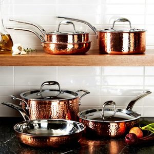 Premium Hammered Copper Cookware Set Metal Lids Aluminum Alloy <b>Handles</b> Stainless Steel Bottom Oven Safe Modern Luxury Design - Product Image 1
