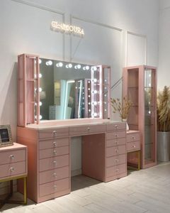 Grande coiffeuse avec miroir et éclairage LED rose, avec armoire de rangement pour la chambre à coucher - Product Image 3