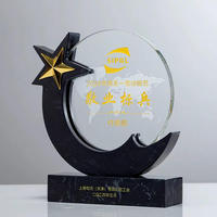 Trophée en cristal sur base en bois noir et brun personnalisé, étoile en métal doré, cercle, plaque de trophée en cristal