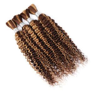 P4/27 Mèches de cheveux humains ondulés profonds avec mèches mèches miel, tissages de cheveux bouclés brun miel, lots de 3 mèches, extensions de cheveux vierges pour queues de cheval - Product Image 2