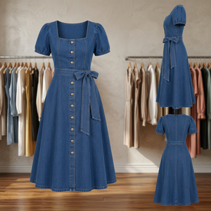 Robe Courte Trapèze en Jean Bleu pour Femme avec Manches Bouffantes, Ceinture à Nœud, Ourlet Évasé Uni, Idéale pour l'Été - Product Image 3