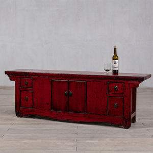 Meuble bas Wabi-Sabi en laque rouge délavée, console TV en bois d'orme vieilli avec finition usée - Product Image 2