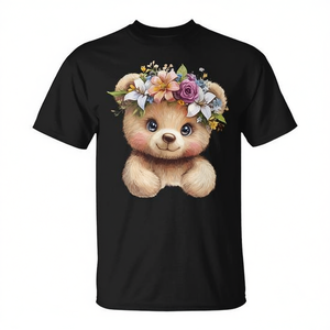 Camiseta con ilustración de oso de peluche con corona floral, unisex, para adultos, de algodón negro - Product Image 2