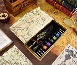 Ensemble de stylos à plume rétro européen avec des ailes de flamme et des plumes, largeur d'écriture de 0,7 mm, avec boîte magnétique et design de carte - Product Image 2