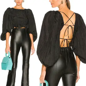 OEM High Quality Haute Couture Chic Customization Puff Sleeve Sexy Black Ladies Blouses Elegant Women Tie Open Back Crop Tops