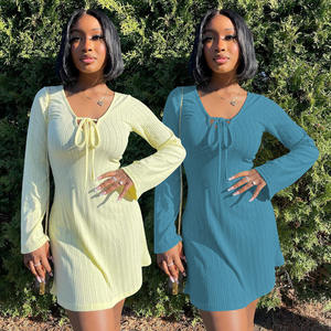 ชุดเดรสคอวีแขนยาวแฟชั่นสไตล์ใหม่ชุดเดรสผ้าพันสีพื้นชุดเดรสงานปาร์ตี้งานพรอม <span class=keywords><strong>FM2023</strong></span> - Product Image 1