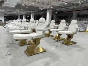 Modern PU Leather Massage <b>Table</b> With Built-In Headrest Adjustable Electric Salon Furniture Gold Frame White Seat - Product Image 4