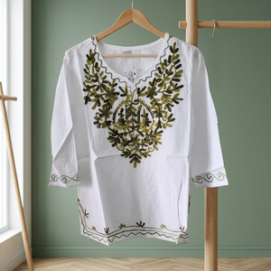 Camiseta sin Mangas de Algodón Blanco para Mujer, con Bordado Kashmirí de Patrón Geométrico, Corte Recto y Regular, para Primavera y Otoño - Product Image 3