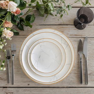Modern Nordic Fine Bone China <strong>Dinnerware</strong> <strong>Set</strong> Gold Rim White <strong>Marble</strong> Design for Wedding Party Hotel - Product Image 1